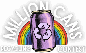 The Recycling Society's Million Cans Recycling Contest Logo includes rainbow background purple aluminum can with purple recycling logo