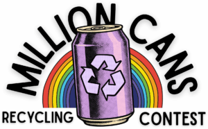 The Recycling Society's Million Cans Recycling Contest Logo Aluminum Can with Recycling Logo in Purple Pop Art Imagery with Rainbow Background